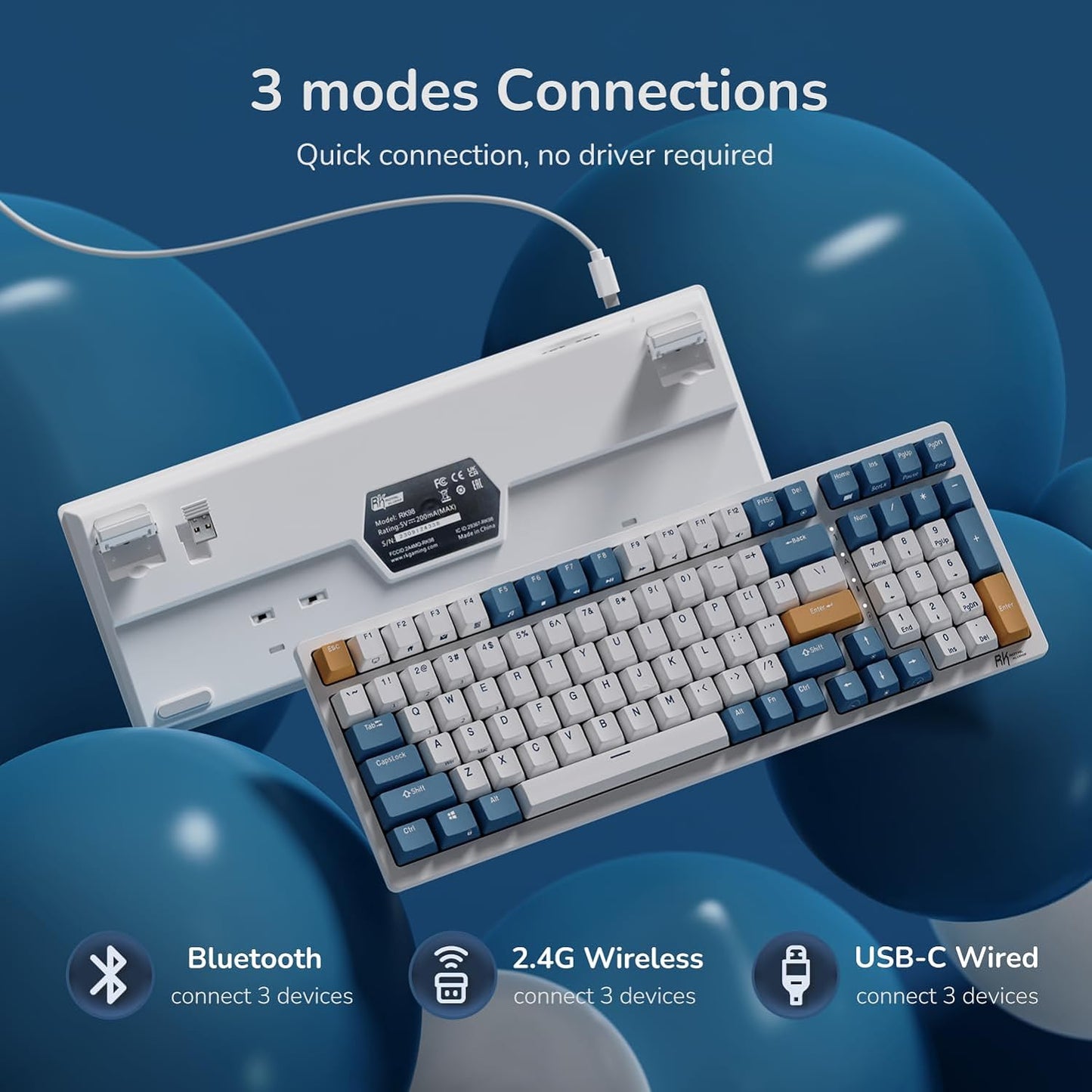 RK98 Wireless Mechanical Keyboard, Tri-Mode 2.4G/BT5.1/USB-C Hot Swappable Full Size Keyboard, RGB Backlit Gaming Keyboard, Massive Battery Software Support, Brown Switch